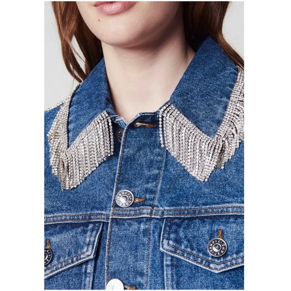SANDRO Crystal Rhinestone Fringe Collar‎ Oversized Denim Trucker Jean Jacket M - Picture 7 of 15